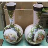 A pair of Victorian pink figure painted opal glass vases,