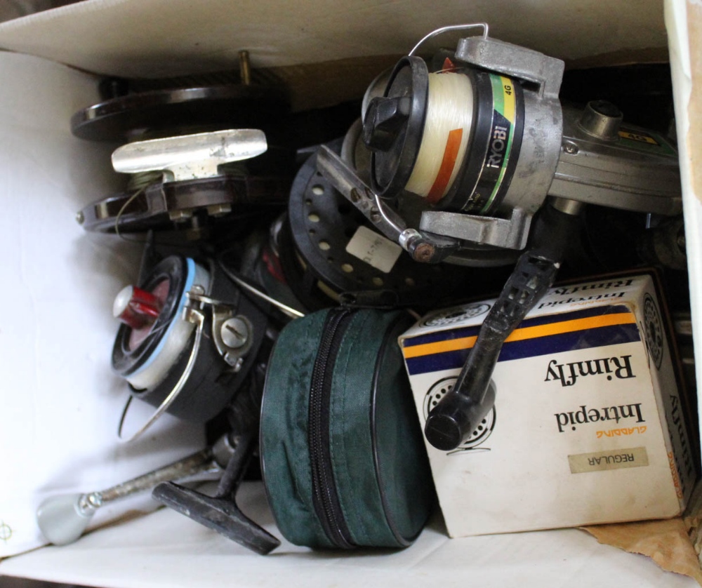 A large quantity of fishing reels including Intrepid, Ryobi, S&A Steelite, Jecta, D.A.M.