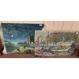 Two unframed oils on canvas of boats and harbour