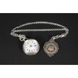 A lady's continental silver fob watch on white metal chain with fob