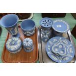 Various items of Wedgwood blue Jasperware (two trays)