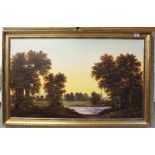 An oil on board of a lake and trees,