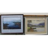 Warren Williams (1863-1918) watercolour of a lake scene with boat plus a watercolour of the Isle of