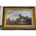 An oil on board of a cottage scene, framed,