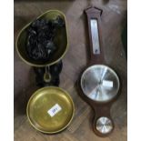 Brass pan scales and weights plus a barometer