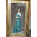 Alex Kirk 1906 watercolour of a standing lady in a green gown,