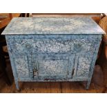 An Edwardian blue and white florally painted washstand with single drawer and cupboard below