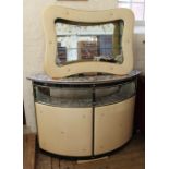 A 1950's white vinyl and glass mini bar with matching mirror and glass wall mounted shelving unit