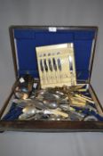 Oak Cutlery Box and Quantity of Plated Cutlery