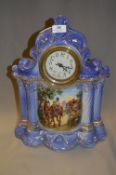 Blue & White Gilt Pottery Mantel Clock with Decora