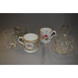 Two Floral Painted Mugs and Glassware Vases and Di