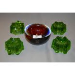 Murano Bubble Glass Ashtray and Four Green Glass F