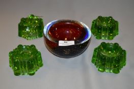 Murano Bubble Glass Ashtray and Four Green Glass F