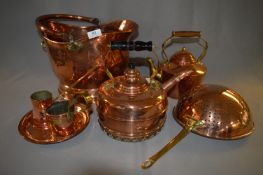 Copperware Including Coal Bucket, Two Kettles, Mea