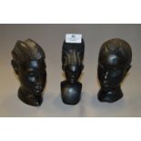 Three Carved Ebony African Busts