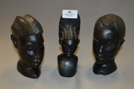 Three Carved Ebony African Busts