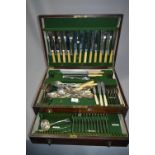 Oak Cutlery Box with Contents of Silver Plated Cut