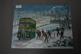 Oil on Canvas "Workers Leaving the Pit in the Snow