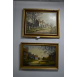 Pair of Framed Oil Paintings on Board "Village Sce