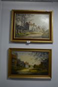 Pair of Framed Oil Paintings on Board "Village Sce