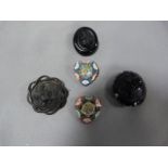 Three Whitby Jet Brooches and Two Italian Mosaic B