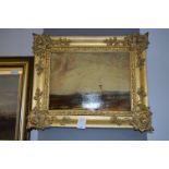 Gilt Framed Oil on Canvas - "Coastal Scene Fisherm