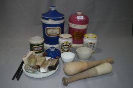 Apothecary Pottery Jars, Pestles and Bottles etc.