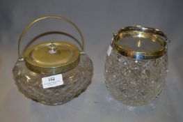 Two Glass Biscuit Barrels with Silver Plated Rims