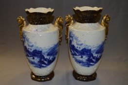 Pair of Blue & White and Gilt Decorative Vases