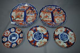 Two Chinese Imari Pattern Chargers and Three Dishe