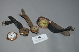 Four 9cT Gold Wristwatch Cases with Leather Straps