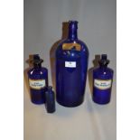Three Bristol Blue Glass Chemist Bottles and a Poi