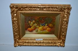 Gilt Framed Oil on Panel - Fruit Against a Mossy B