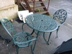 Green Cast Metal Garden Table with Two Chairs