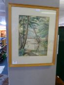 Framed Watercolour "River Scene" Signed H. Harwood