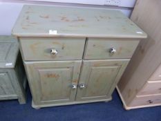 Green Painted Shabby Chic Pine Two Drawer Cabinet