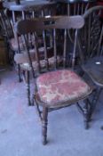 Six Darkwood Spindleback Dining Chairs with Uphols