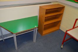 *Two Green Stackable Tables and a Pine Bookcase