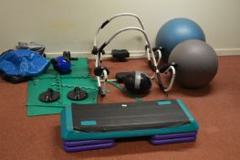 Various Gymnasium Equipment Including Two Abdominisers, Seven Swiss Balls, Gym Mats, Step Exerciser,