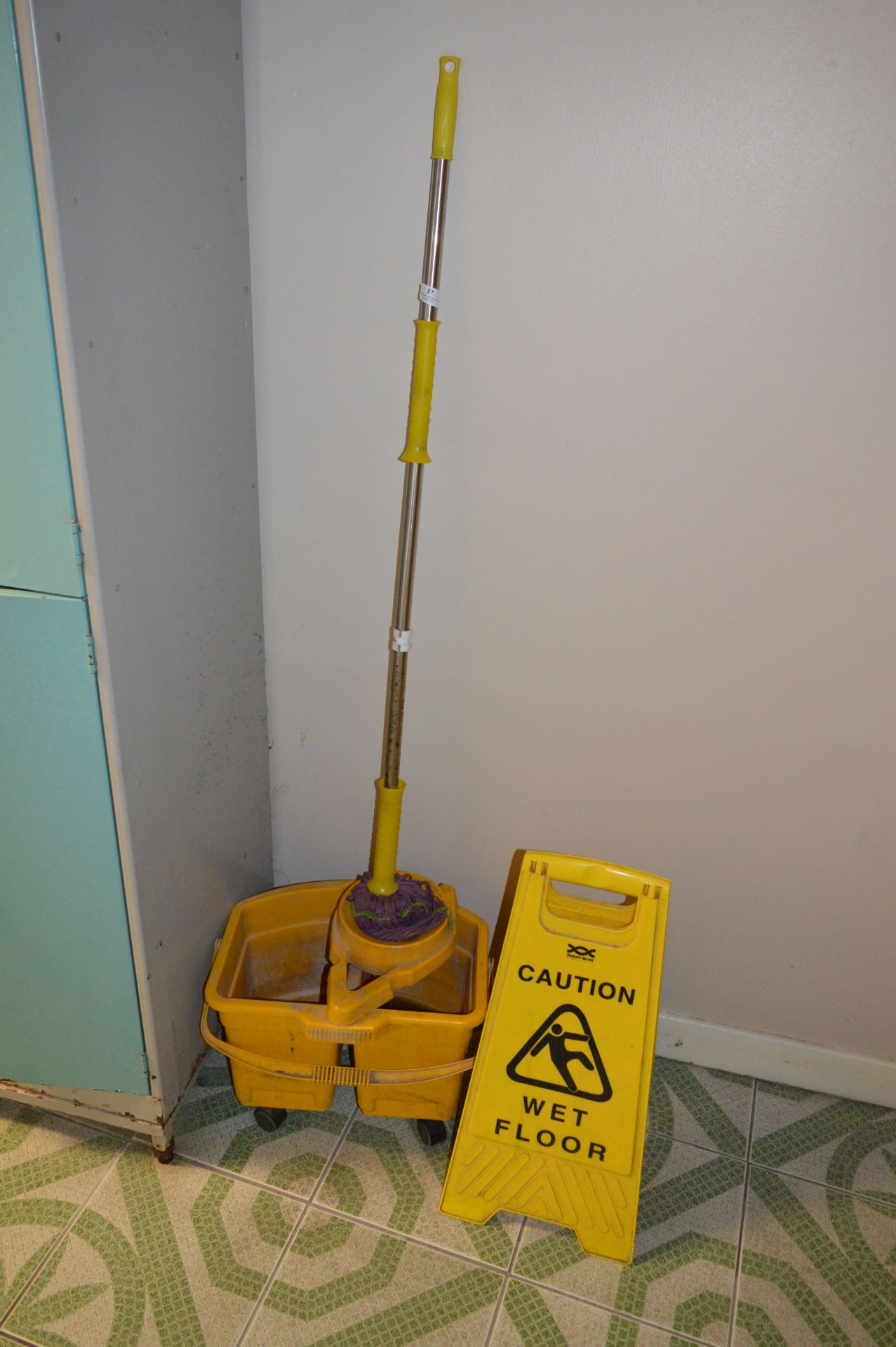 Mop Bucket and Wet Floor Cleaning Signs