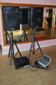 Sound Lab Music System; Pair of Speakers on Stands Model: P115C, Amplifier Model: G097B, RSQ-E500N
