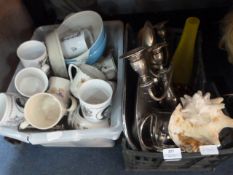 Two Boxes Containing Plated Candelabra, Trays, Mug