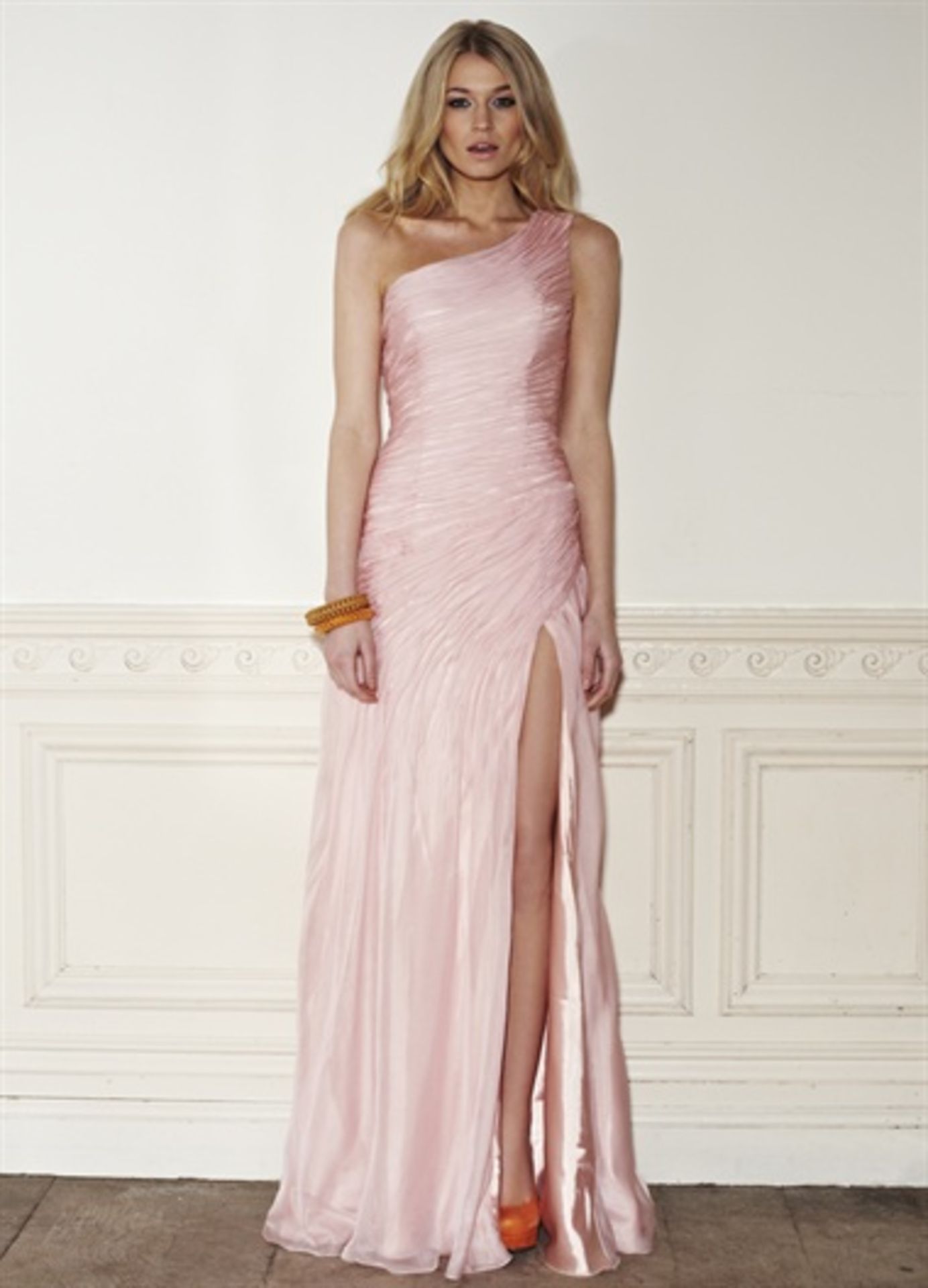 Peach off the Shoulder Full Length Evening Gown Si