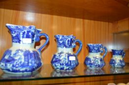 Blue & White Patterned Graduating Set of Four Jugs