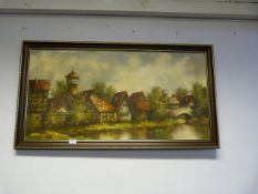 Framed Oil on Canvas "Continental Village Scene"