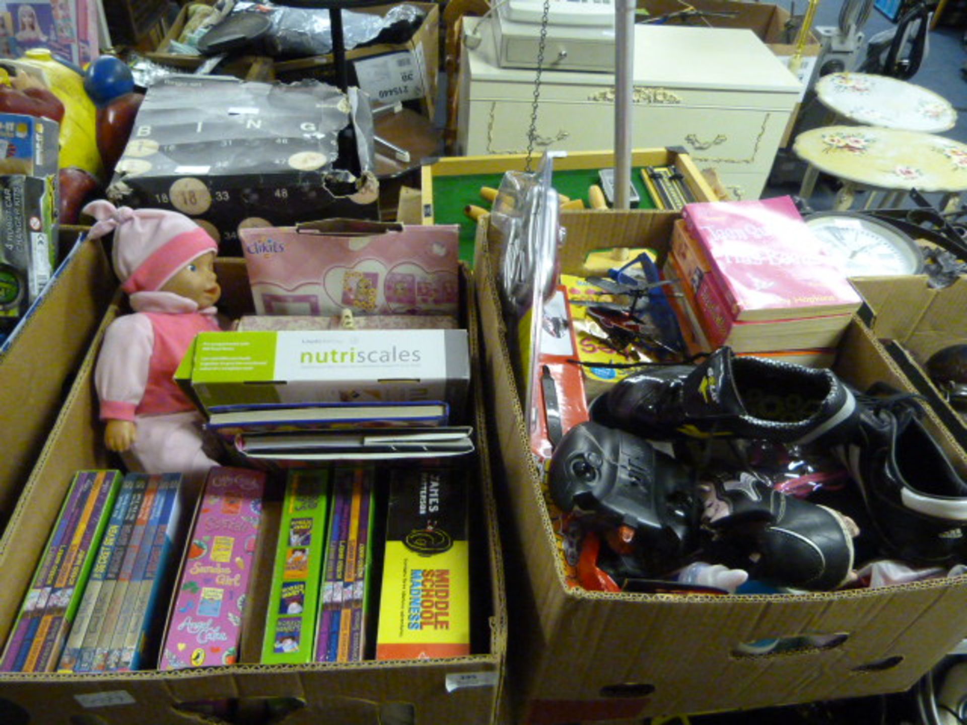 Two Boxes Containing Assorted Books, Dolls, Childr