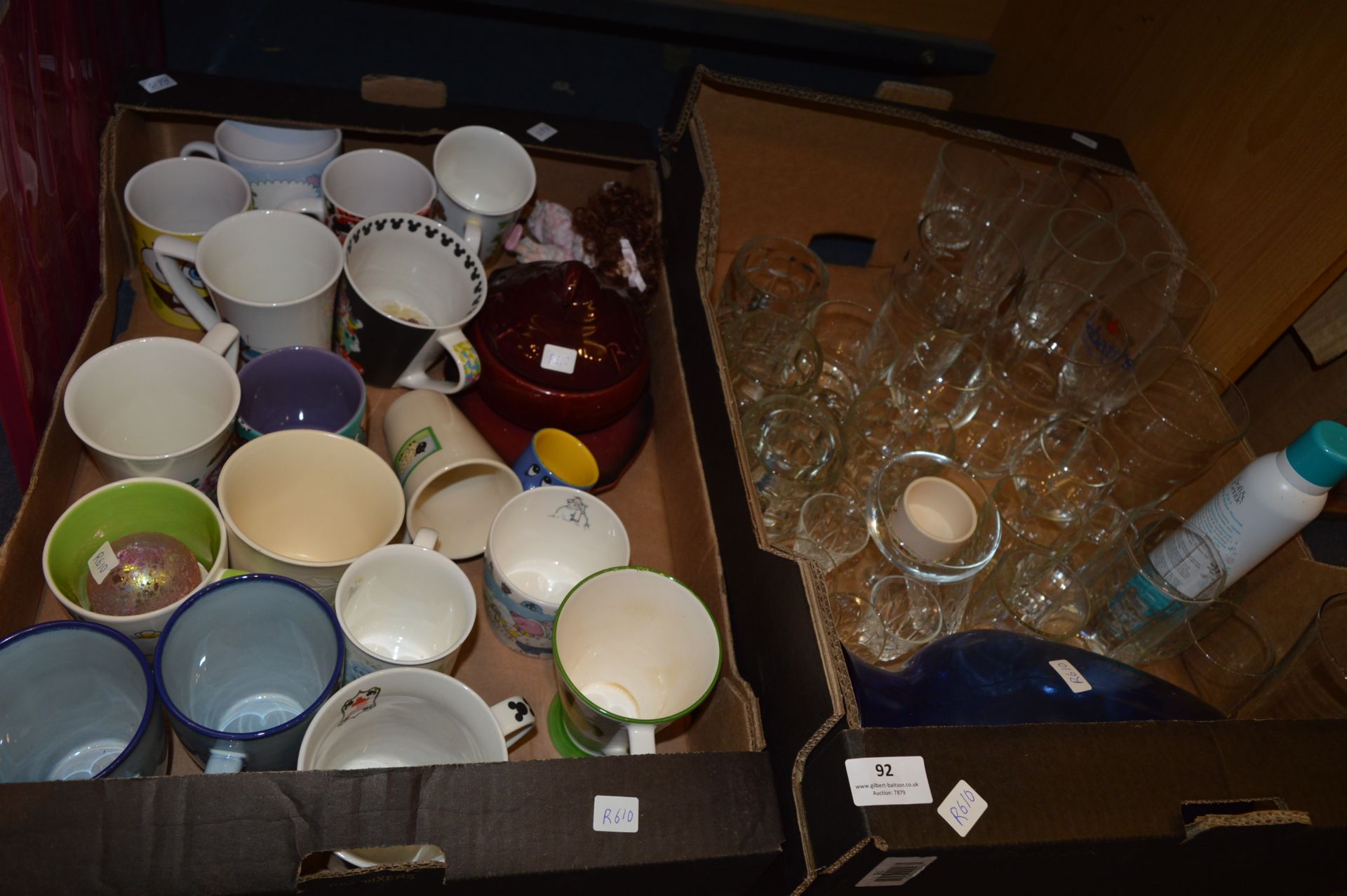 Two Boxes Containing Glassware, Mugs, etc.