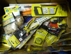 Box of Assorted Hack Saws, Blades, Tape Measures,