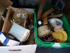 Two Boxes of Ornaments, Pottery, Table Lamp, Clock