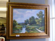 Framed Oil on Canvas "Country River Landscape"